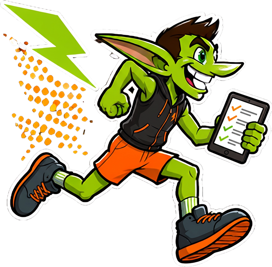 Dash the goblin sprinting with a tablet showing his job list