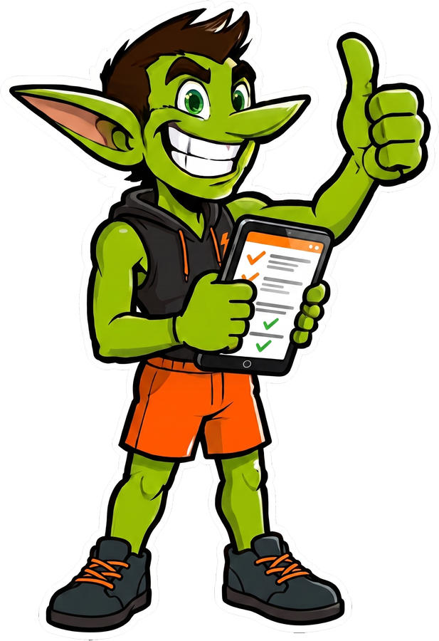 Dash the goblin giving a thumbs up, tablet in hand