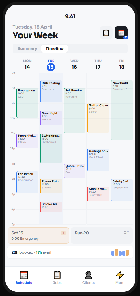 TaskGoblin Week timeline view with jobs across the week