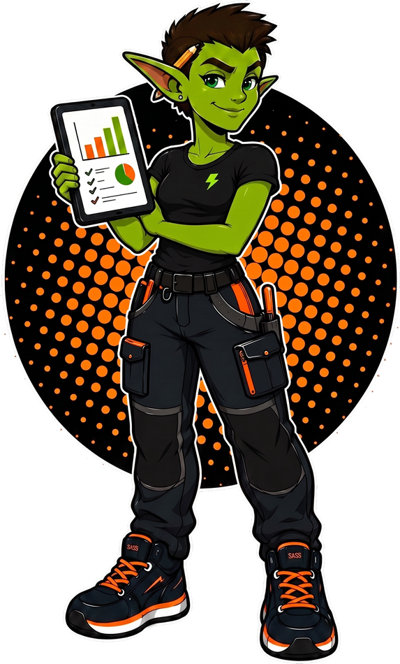 Sass the goblin holding a tablet full of charts